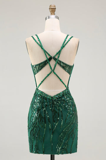 Sparkly Dark Green Bodycon Backless Short Corset Homecoming Dress with Sequins